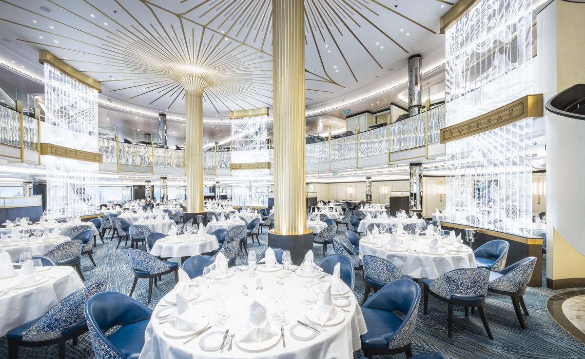 Inside Cunard Queen Anne’s Britannia Restaurant, designed by David Collins Studio